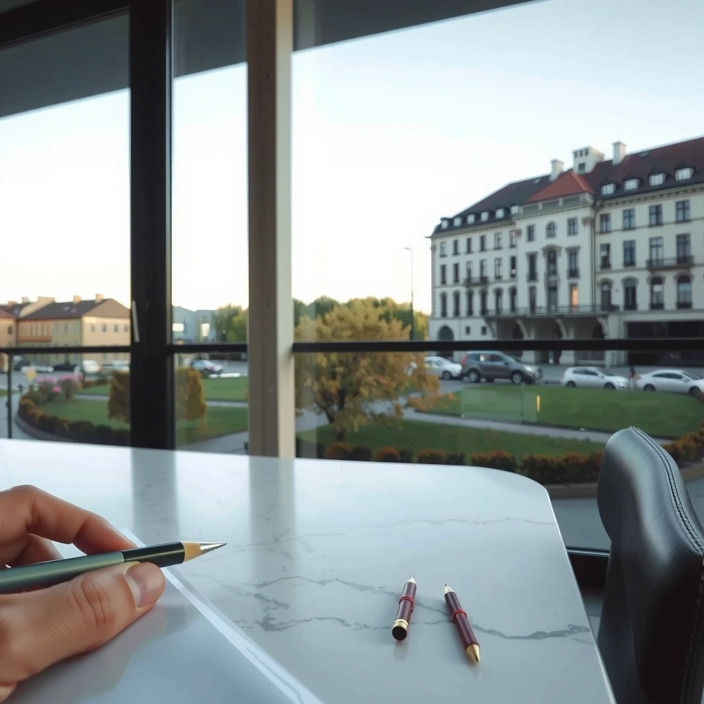 Dokumentation und Stift auf Marmor